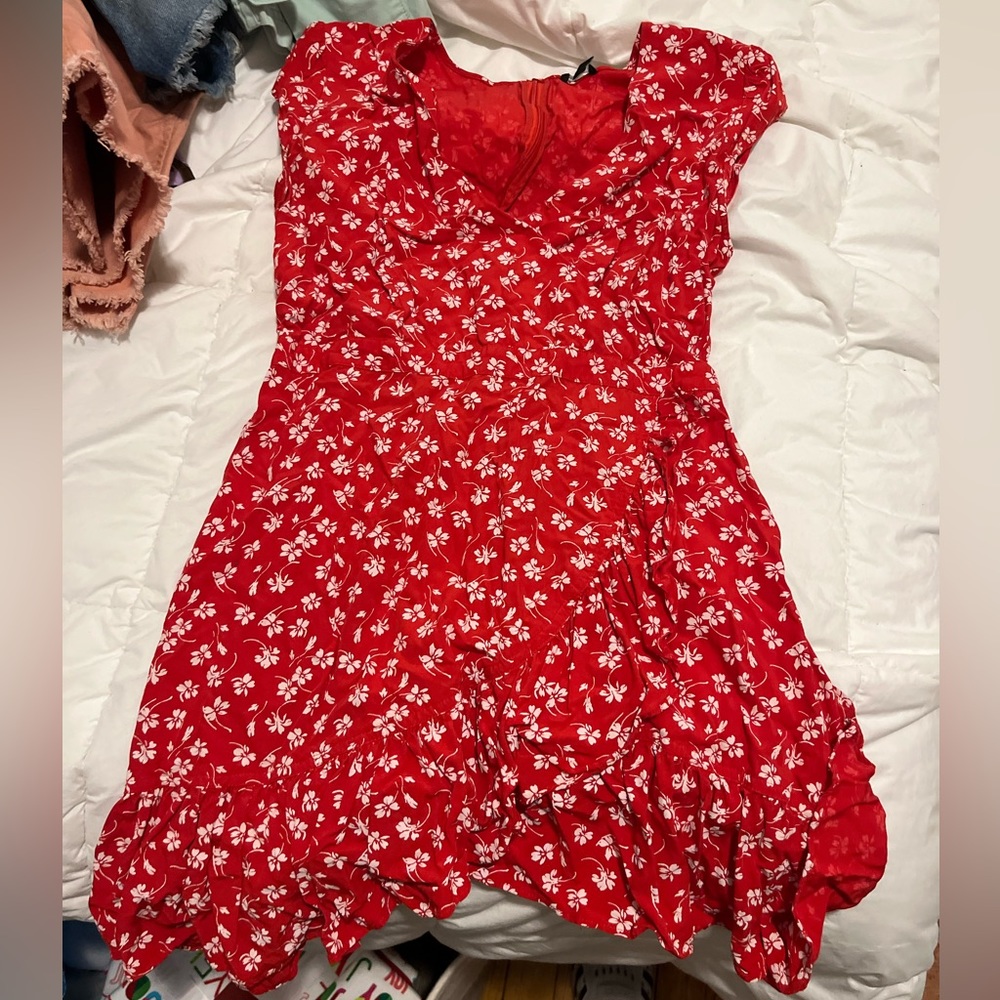 Jcrew Red Floral Wrap Dress with Ruffle Hem